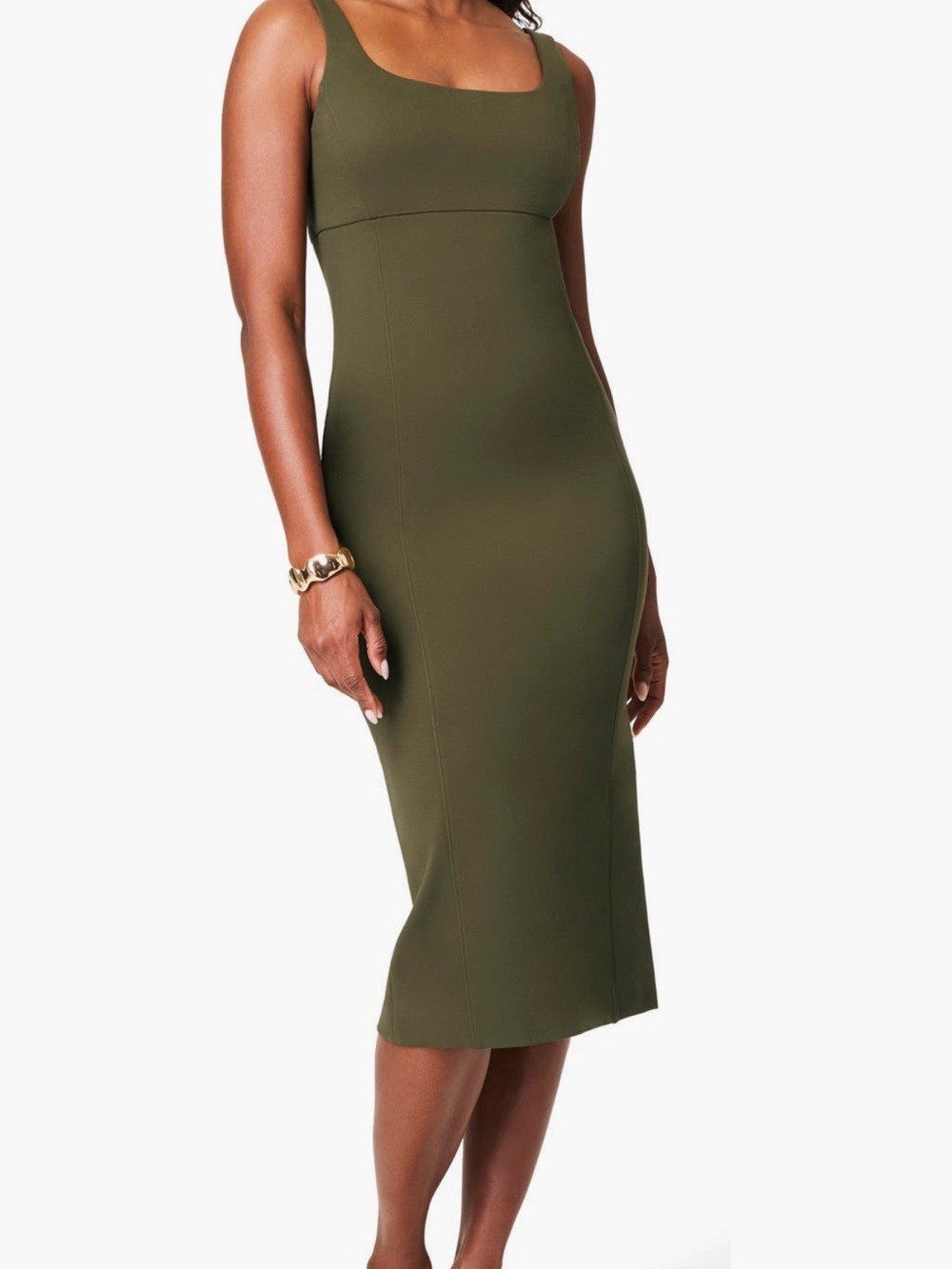 SPANX Olive Green Scoop Neck Midi Bodycon Dress